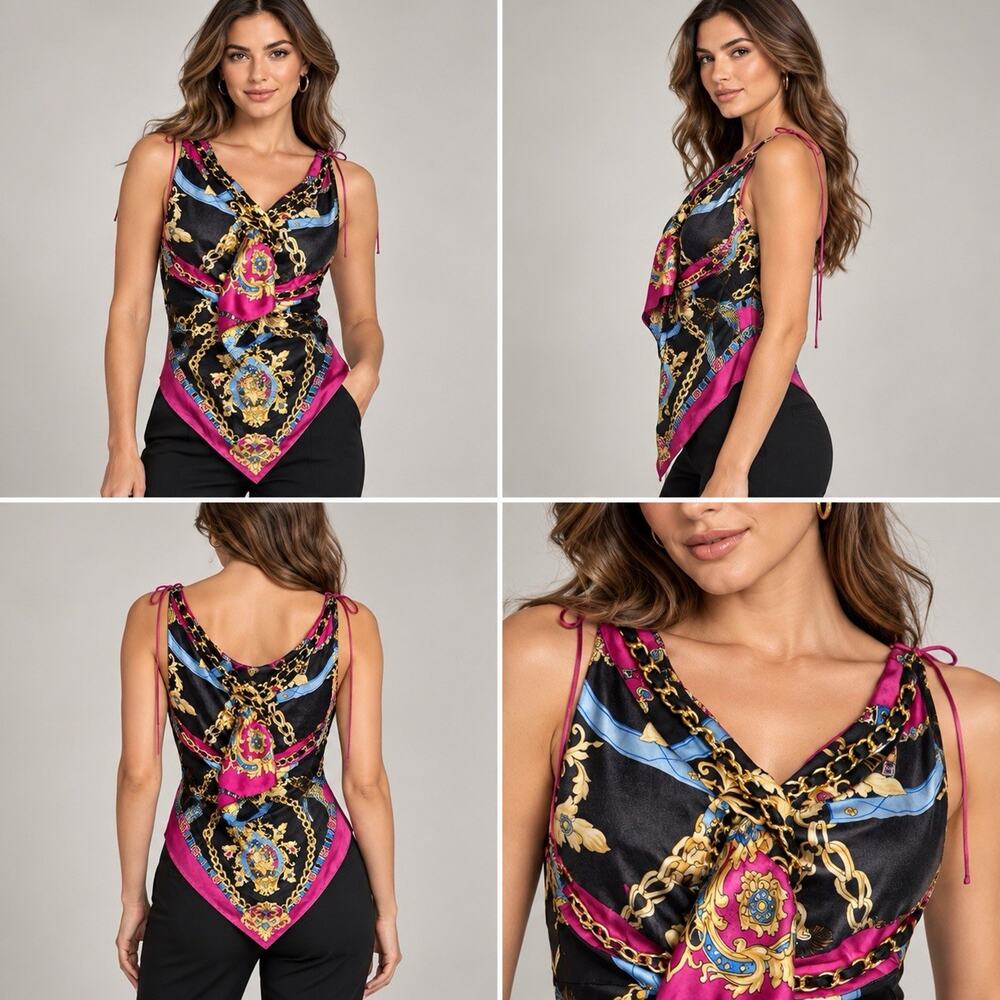 Cache Silk Halter Top Womens M Black Pink Baroque Chain Print Y2K